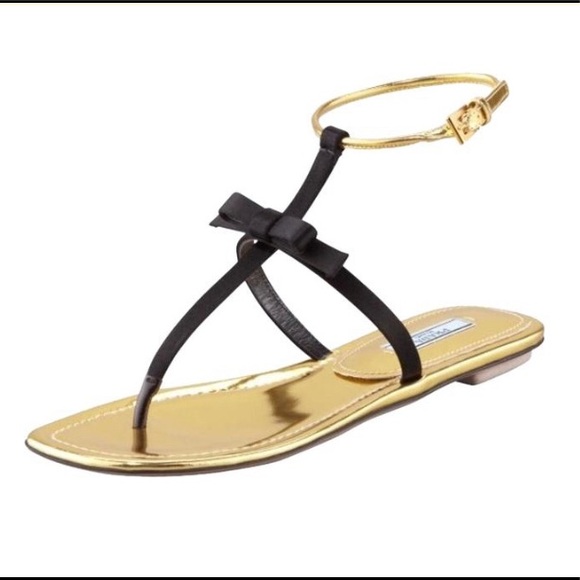 Prada Shoes - Prada 7.5 Milano Black Gold Satin Bow Thong Sandal